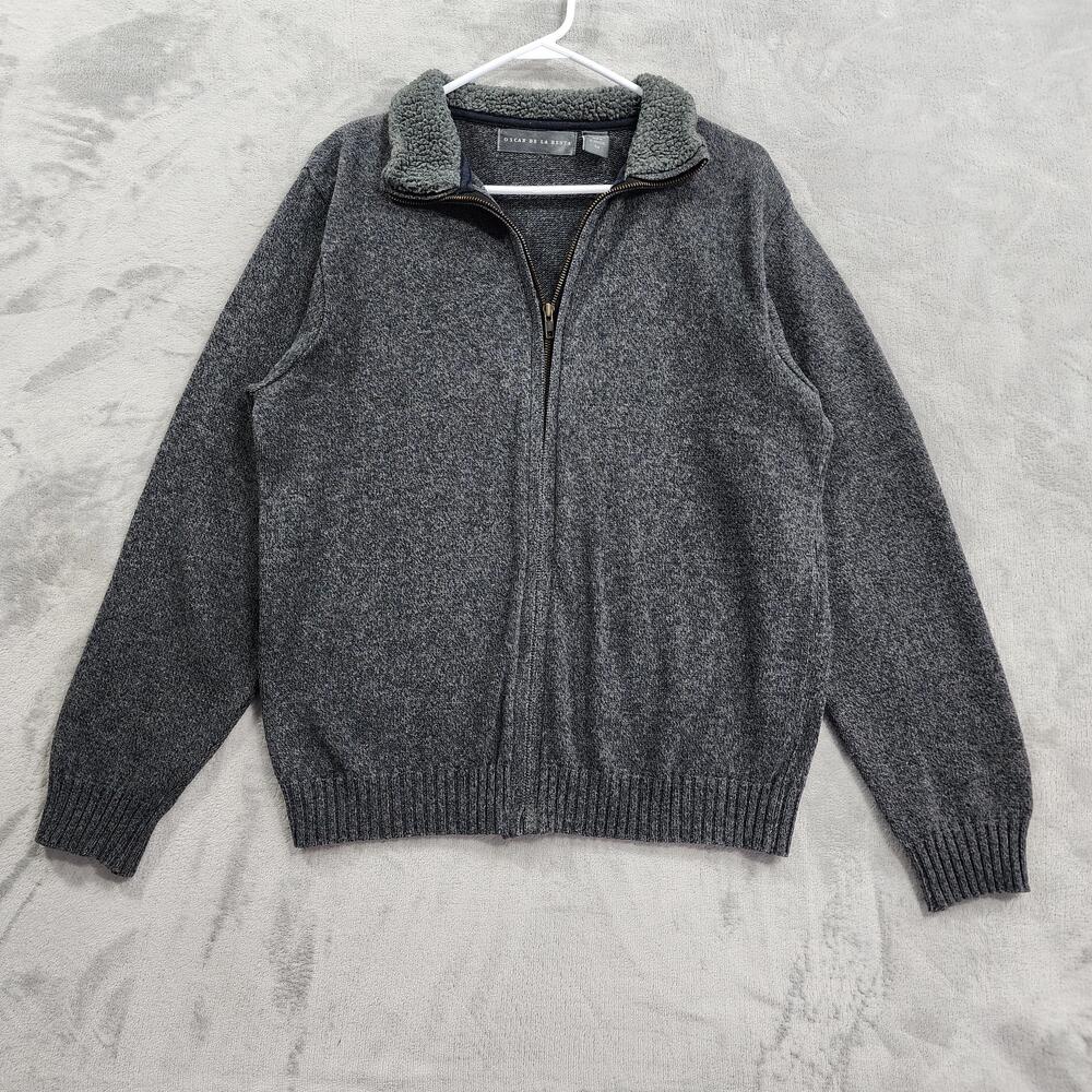 Oscar De La Renta Sweater Mens M Gray Full Zip Fleece Collar Cotton Blend Casual